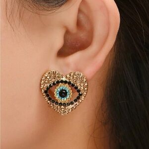 Gold Heart Rhinestone Evil Eye Earrings
